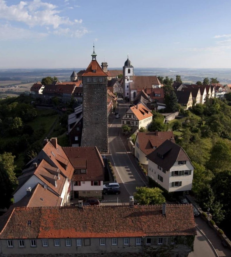 Luftaufnahme zweier Häuserreihen mit zwei Kirchtürmen im Hohenlohekreis